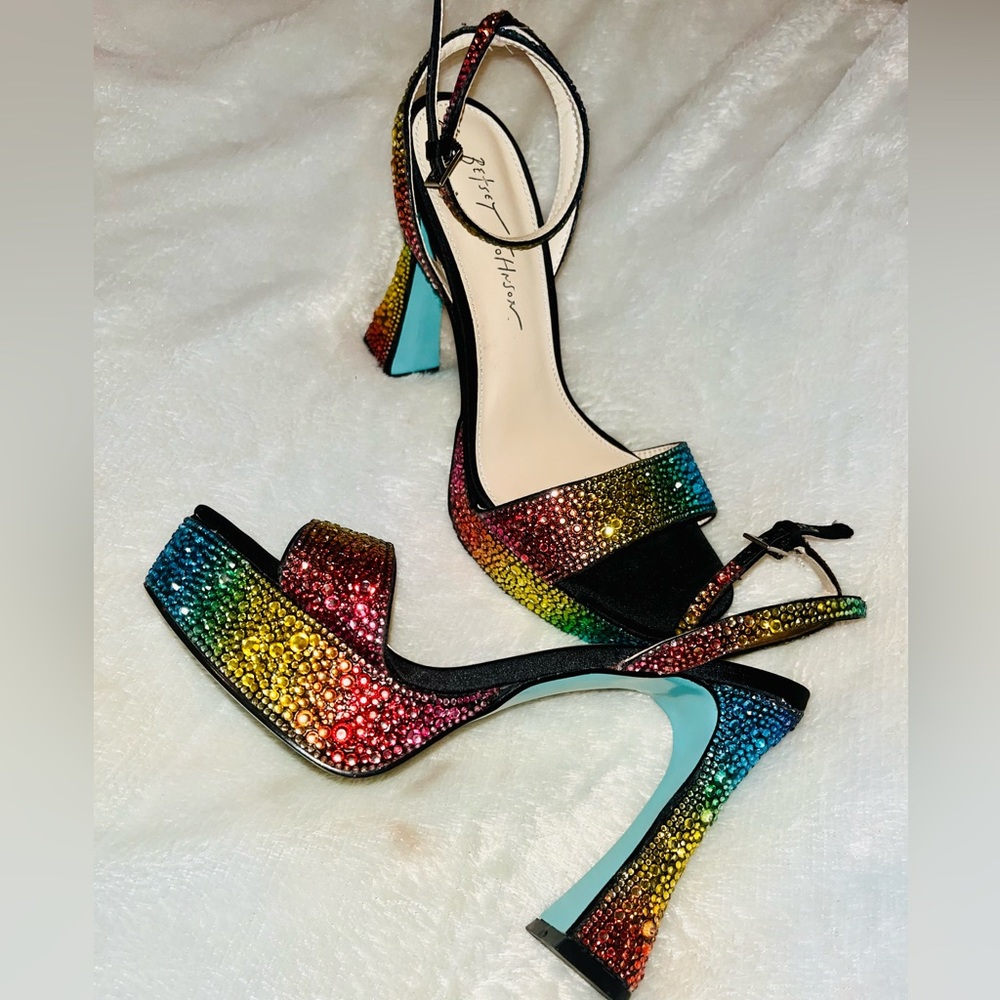 Betsey Johnson Rainbow Crystal Platform Ankle Strap Sandals